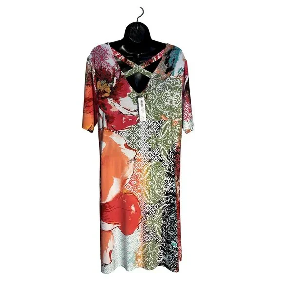 Colorful Boho-Style Short Sleeve Dress With V-Neck & Cross Back Chicos 2 = L - Picture 2 of 11